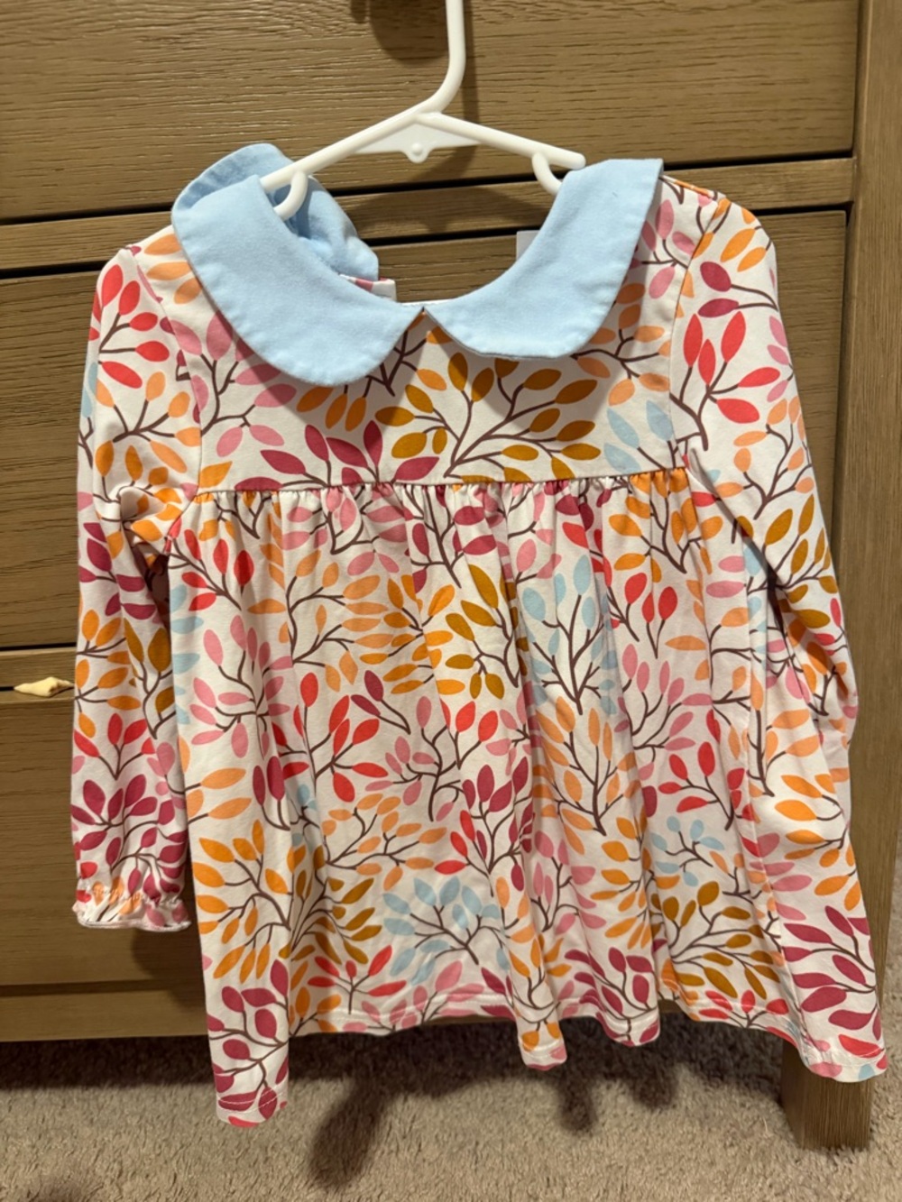 Girls' Long-Sleeve Peter Pan Collar Top in Pastel Leaf Print